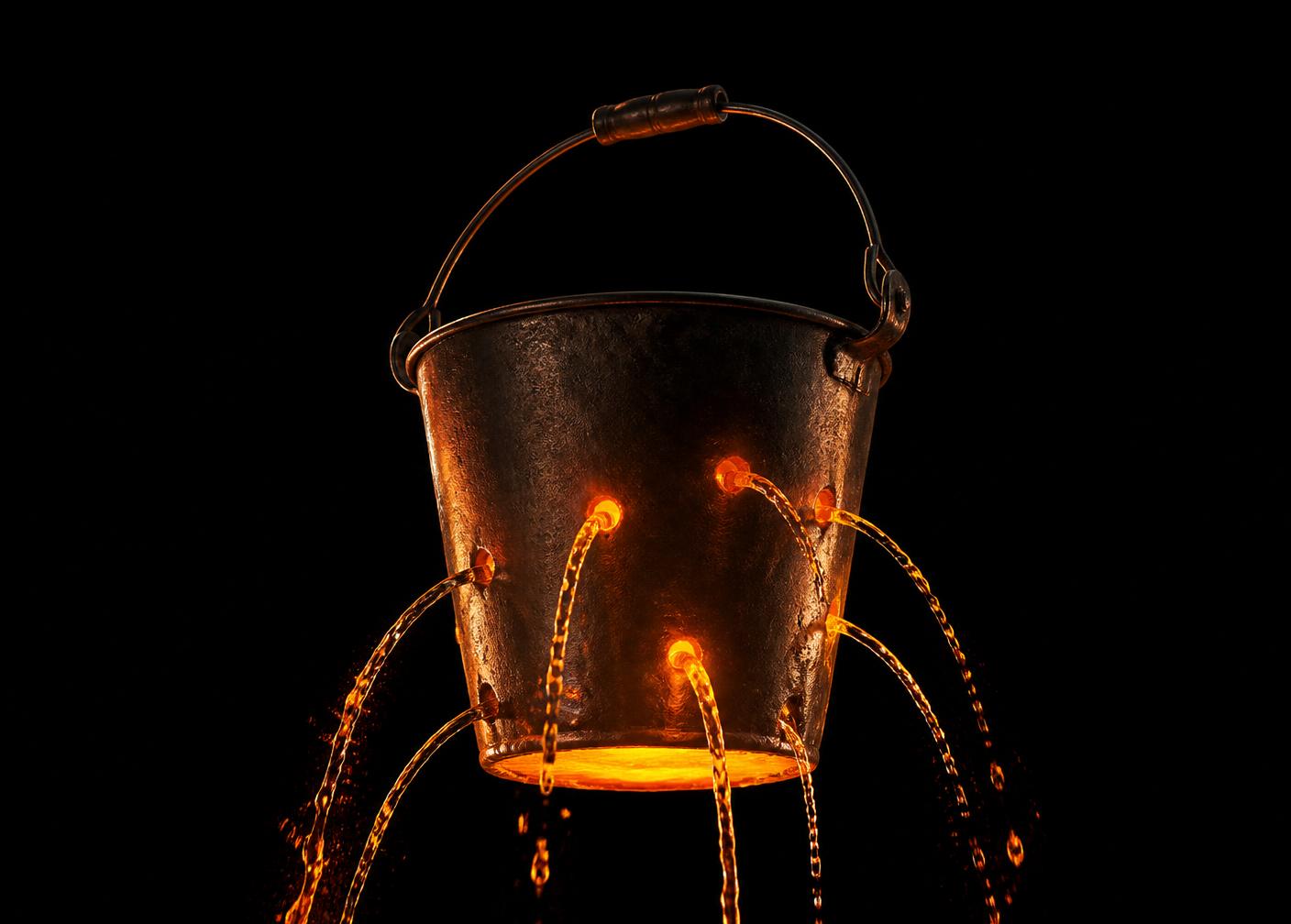 A metal bucket leaking glowing orange liquid — the leaky bucket metaphor